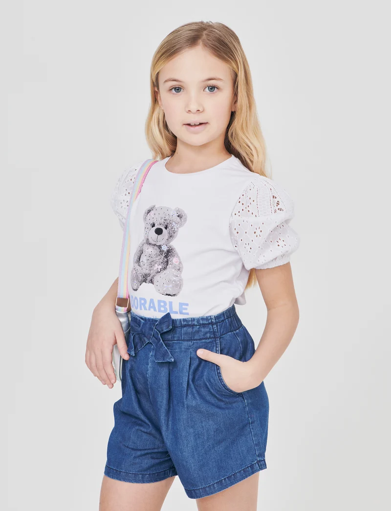 T-shirt in cotone con maniche in pizzo e strass - Bianco