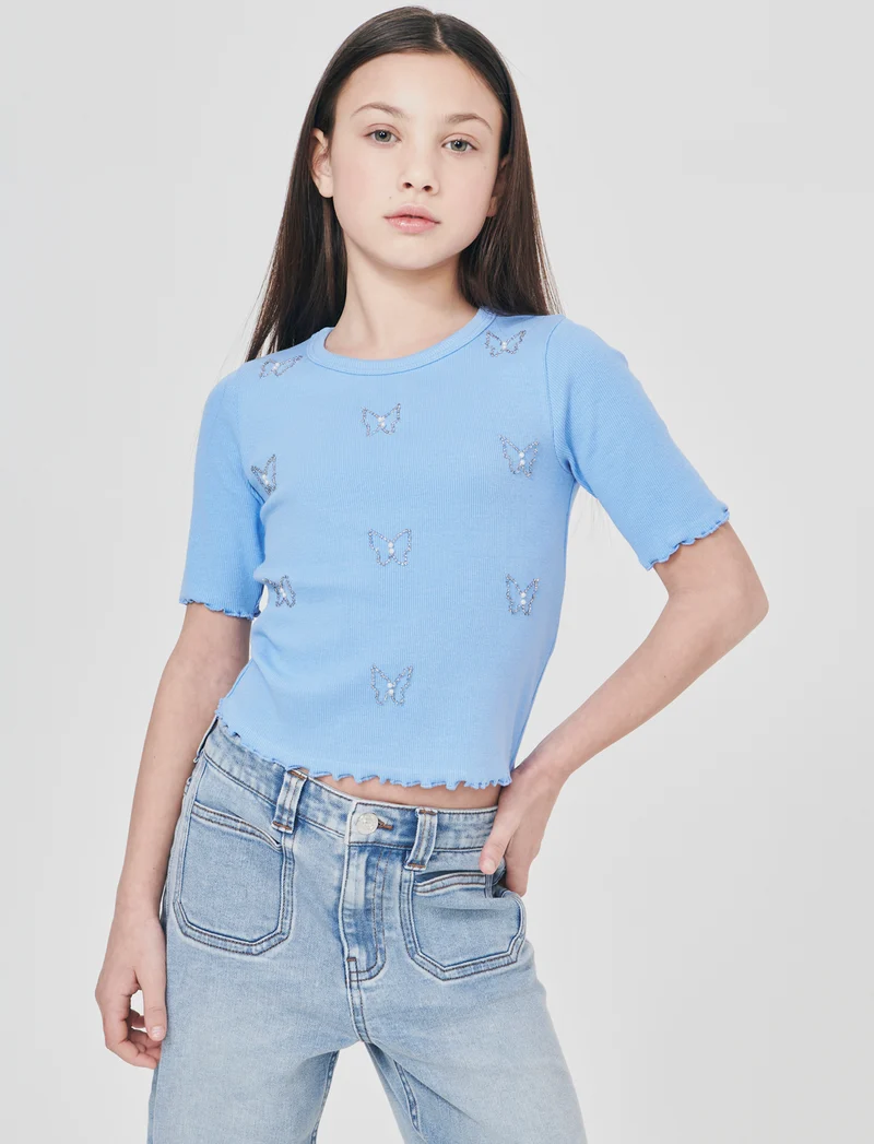 T-shirt mezza manica con perline e orli ondulati - Azzurro