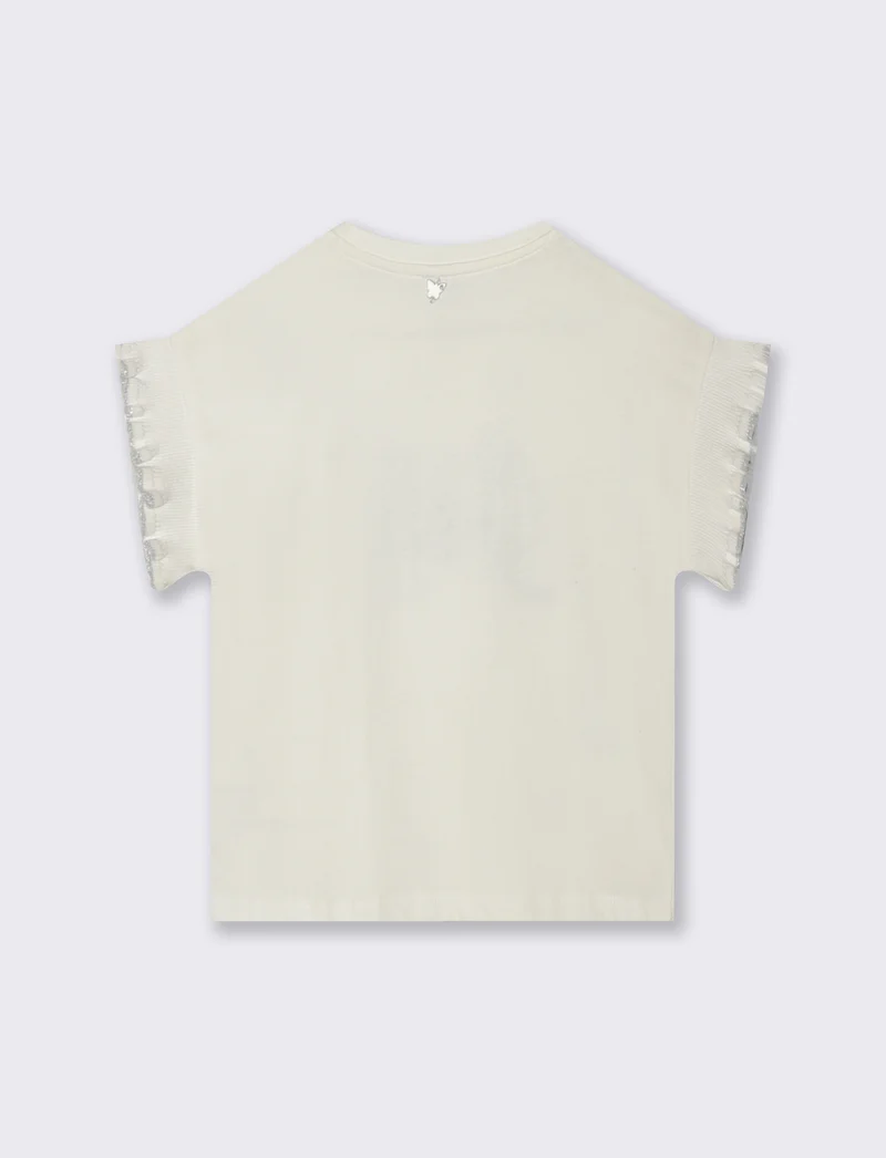 T-shirt cotone con maniche in costina e strass - Bianco latte