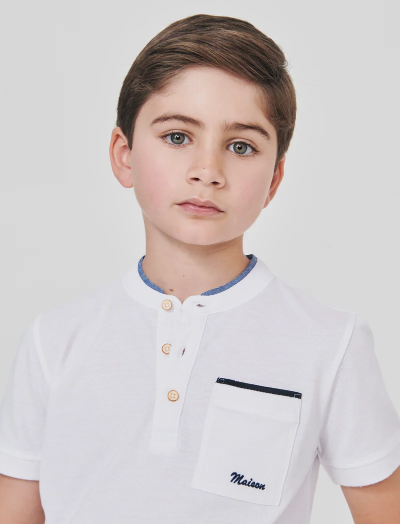 T-shirt collo coreano in Piquet di cotone - Bianco