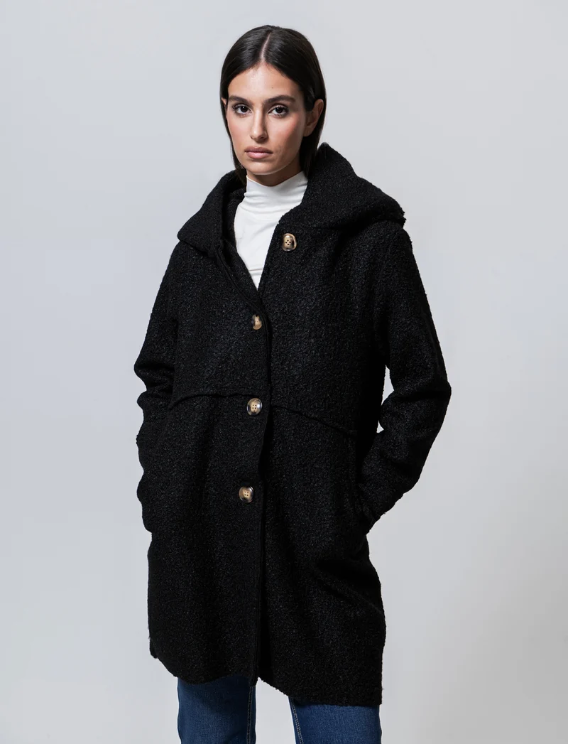Cappotto su tessuto bouclè con cappuccio - Nero
