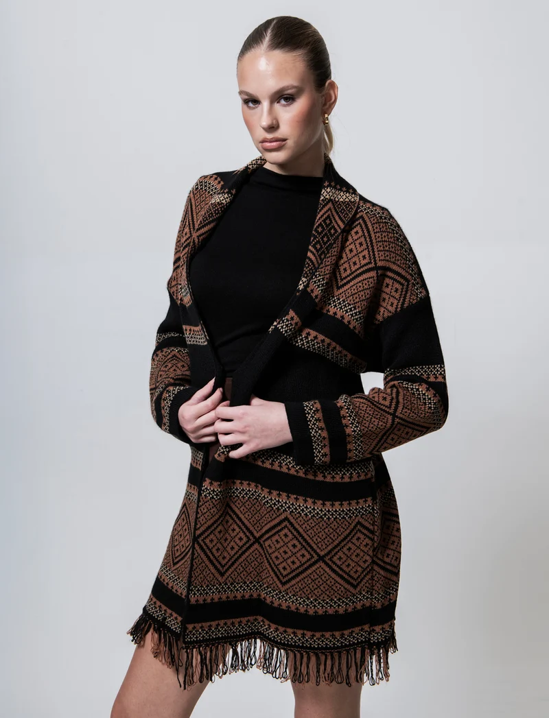 Maglia lunga jacquard modello spolverino - Nero
