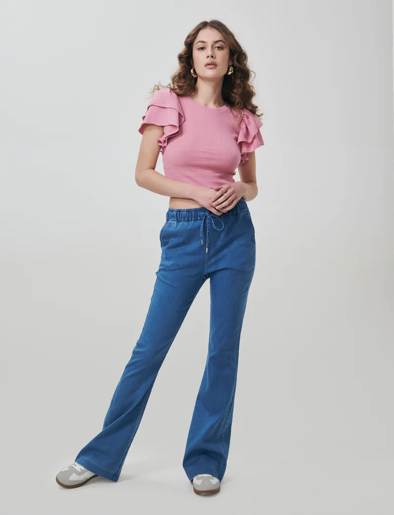 Pantalone Flare con Elastico in Vita - Denim