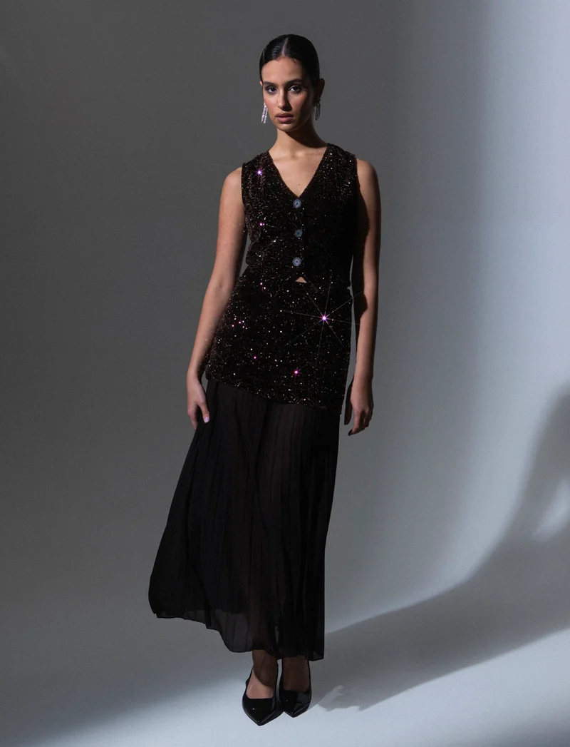 Gonna midi in paillettes e georgette - Moro