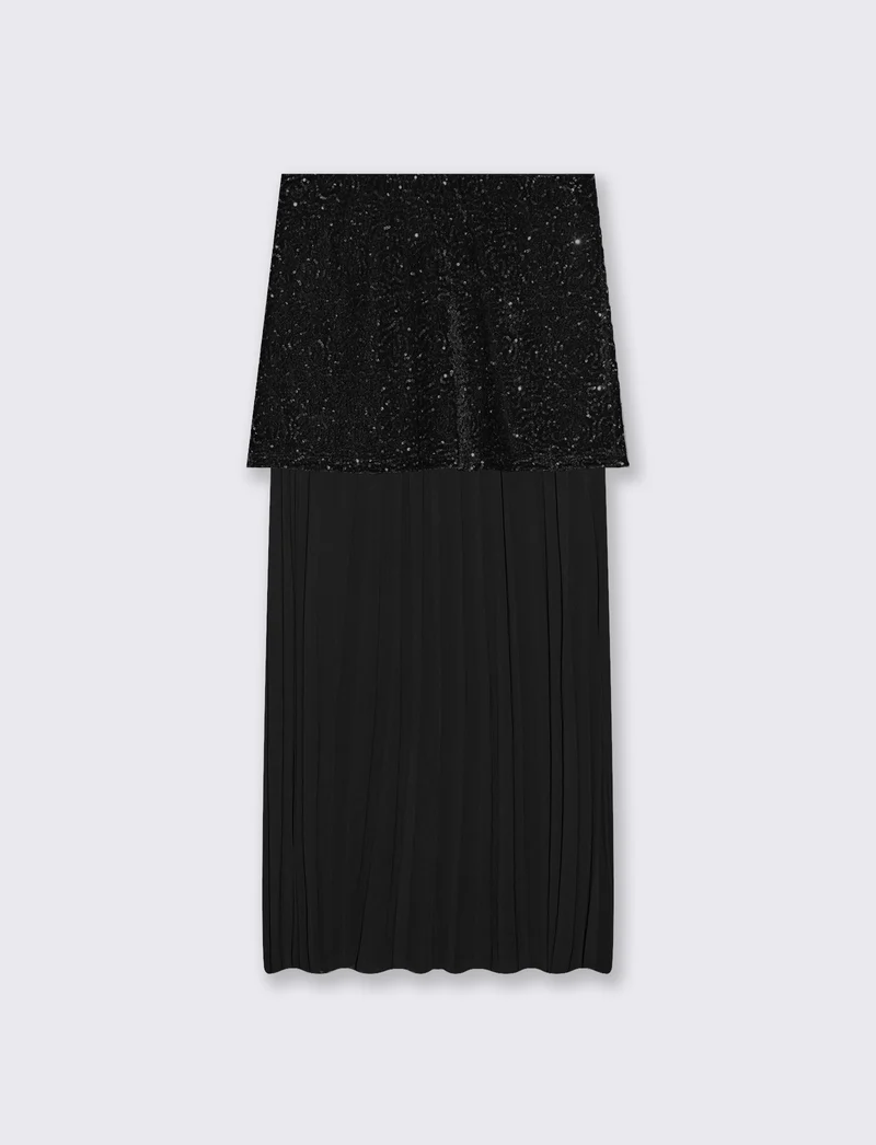 Gonna midi in paillettes e georgette - Nero