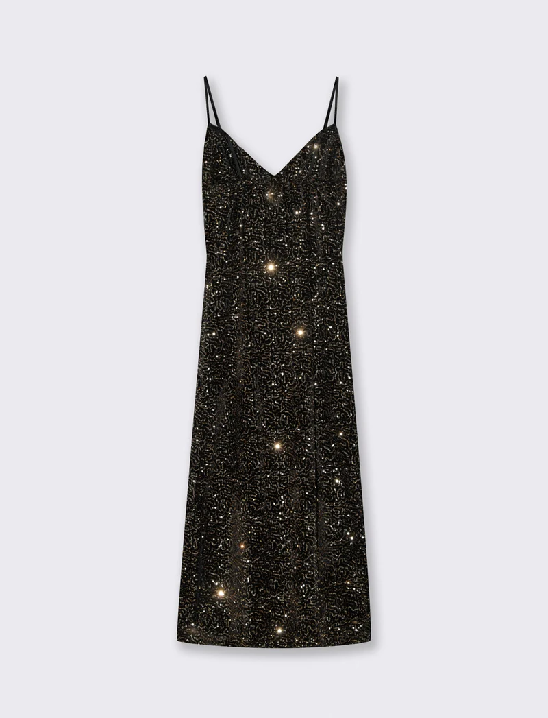 Vestito lungo in paillettes con bretelline - Oro
