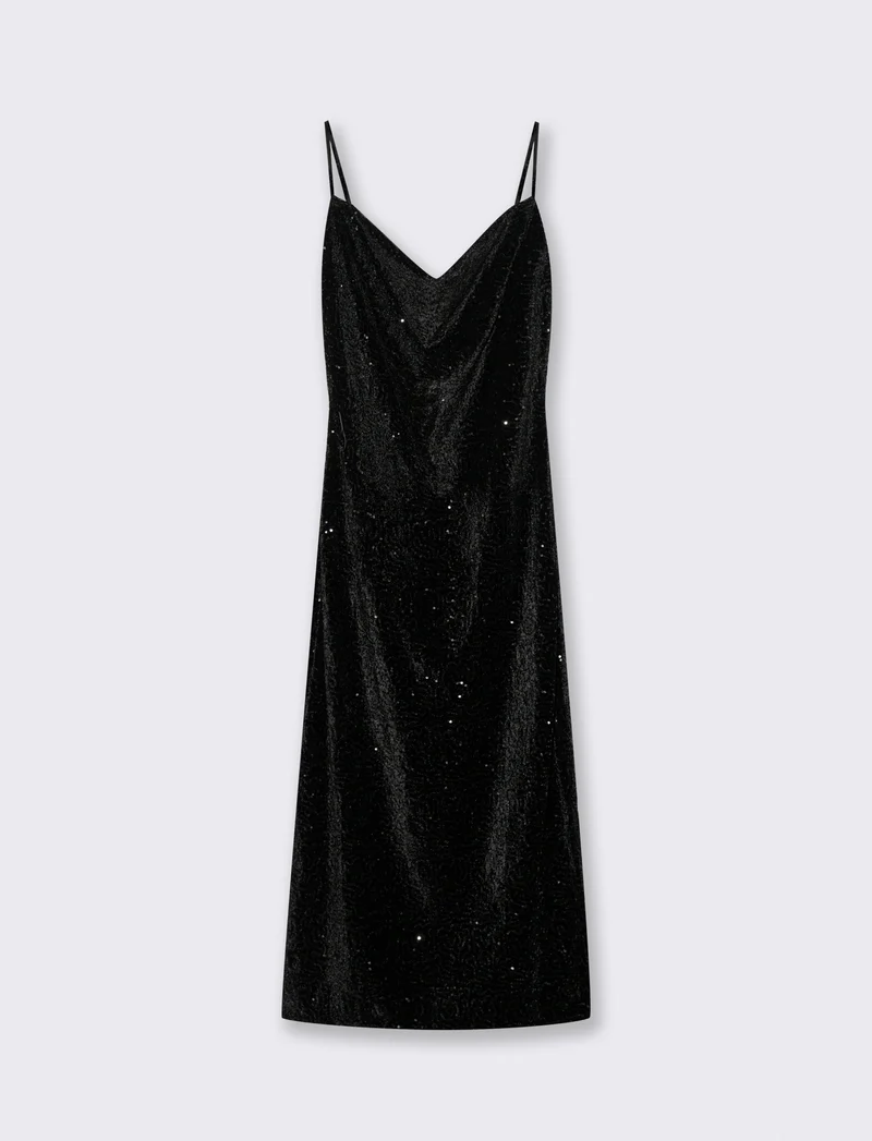Vestito lungo in paillettes con bretelline - Nero