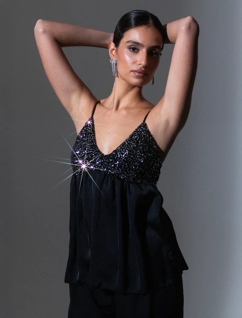 Top in paillettes e georgette - Argento