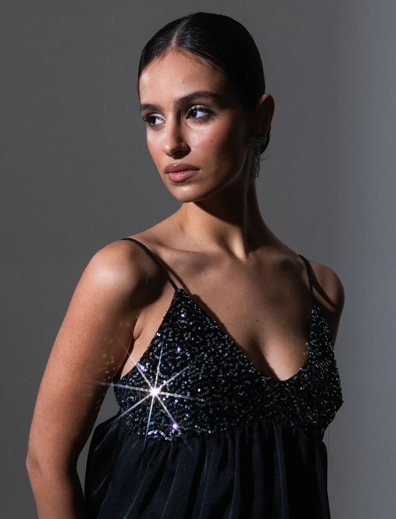 Top in paillettes e georgette - Argento