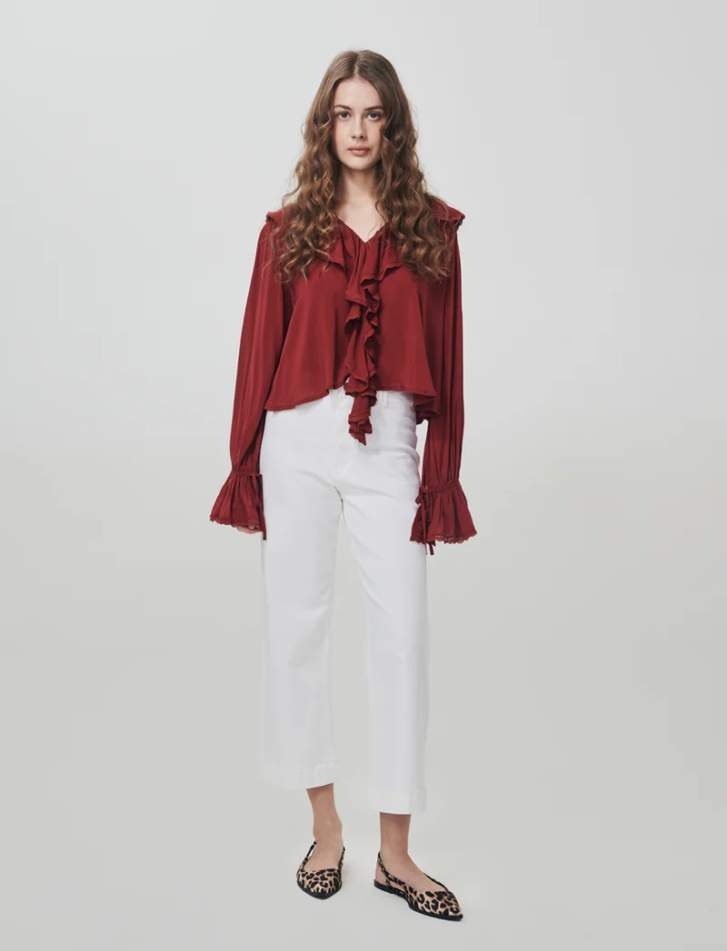 Blusa con rouches e scollo a V - Rosso india