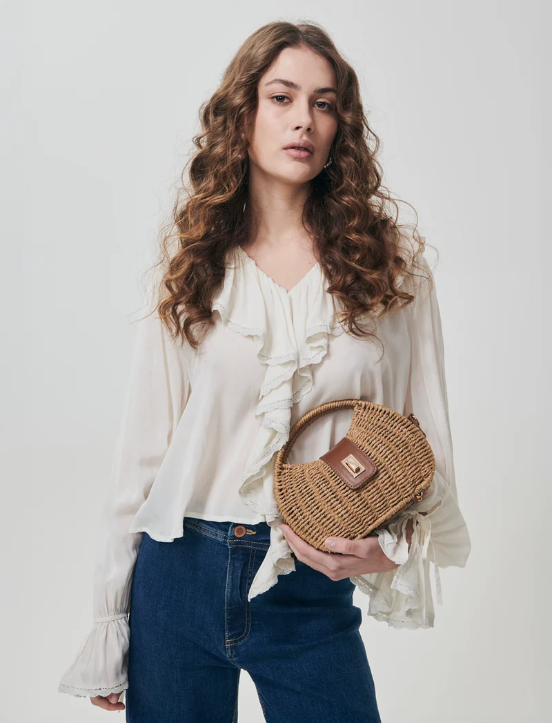 Blusa con rouches e scollo a V - Avorio