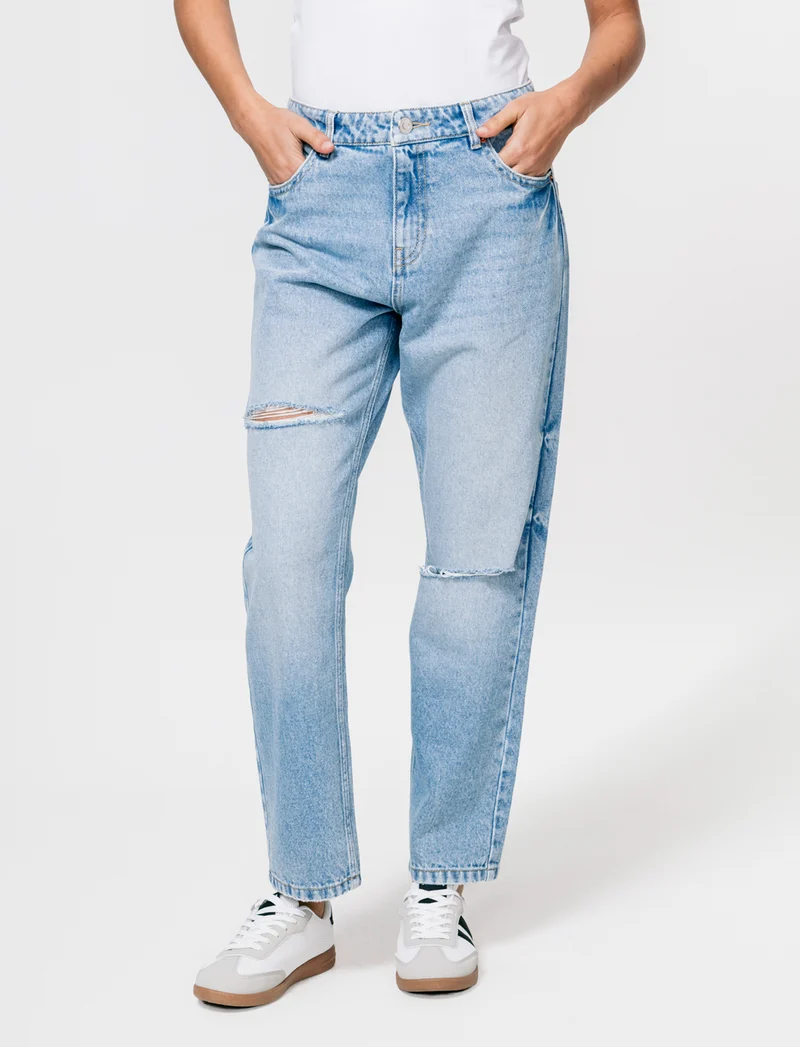 Jeans Crop Vita Alta a Gamba Dritta - Denim