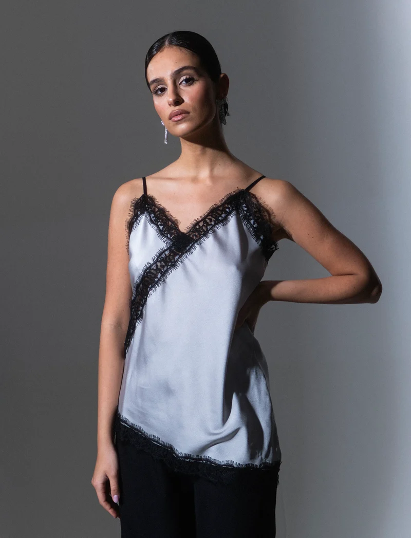 Top pizzo con bretelline - Grigio