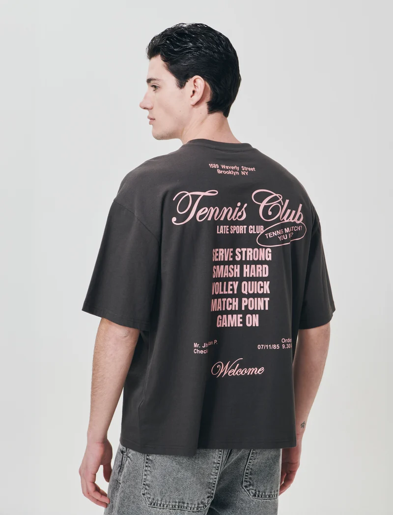 T-shirt girocollo con stampe e ricami - Grigio piombo