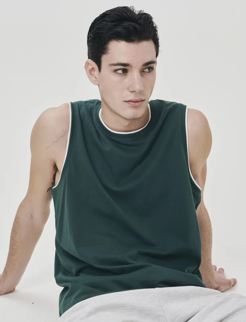 T-shirt senza maniche finto doppio capo - Verde petrolio