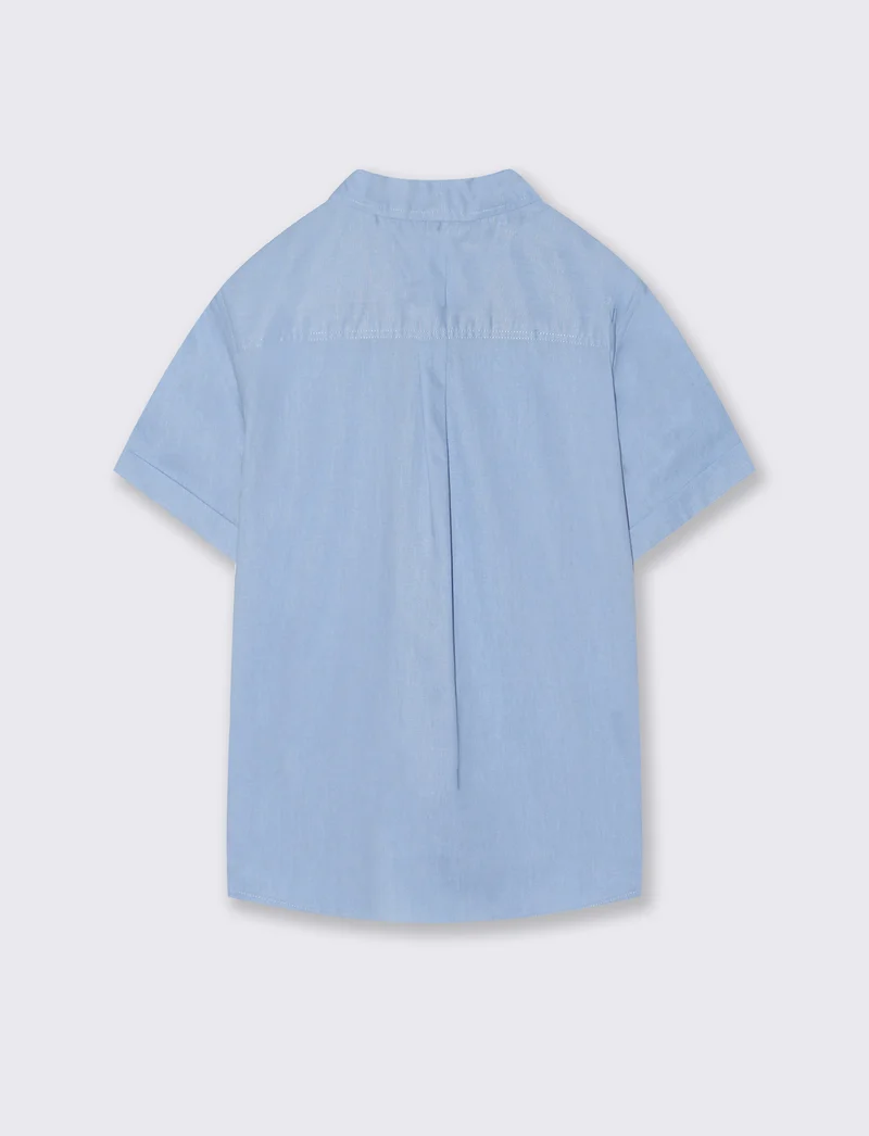 Camicia mezza manica tinta unita con ricamo - Azzurro
