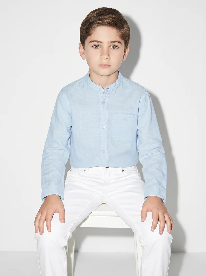 Camicia coreana in cotone e lino maniche lunghe - Celeste