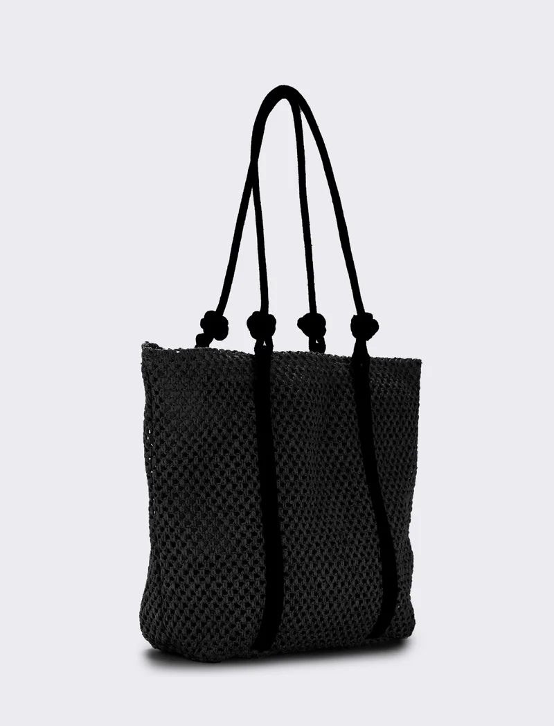 Borsa shopper in paglia con manico in corda - Nero