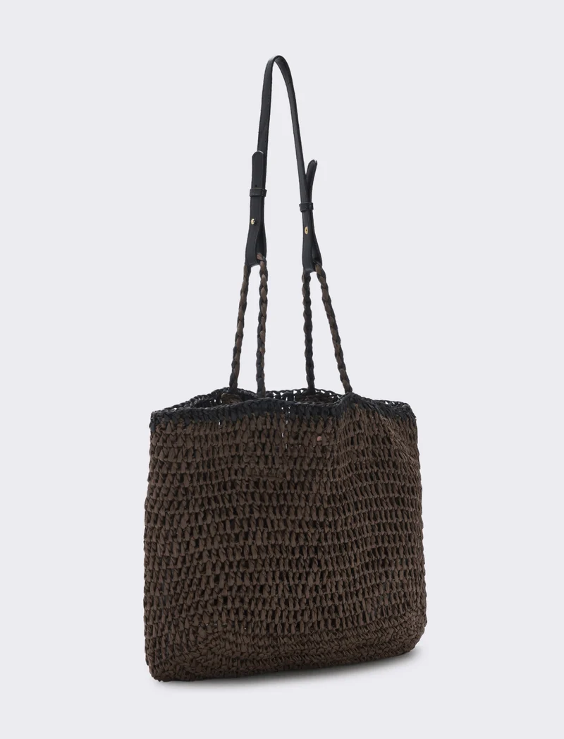 Borsa in paglia con manico in finta pelle - Moro