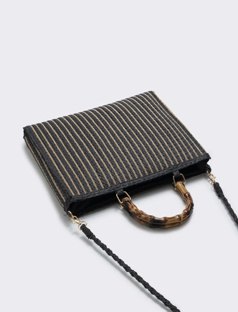 Borse in paglia lurex con manico bamboo - Nero
