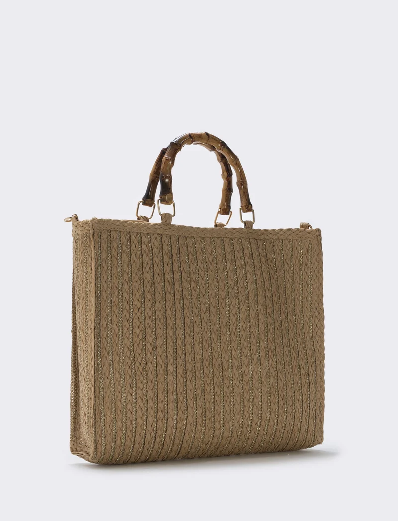 Borse in paglia lurex con manico bamboo - Bianco natural