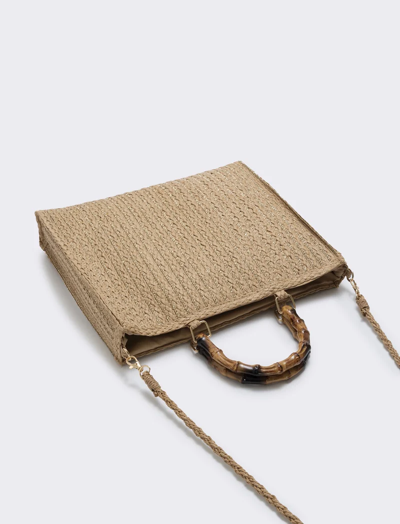 Borse in paglia lurex con manico bamboo - Bianco natural