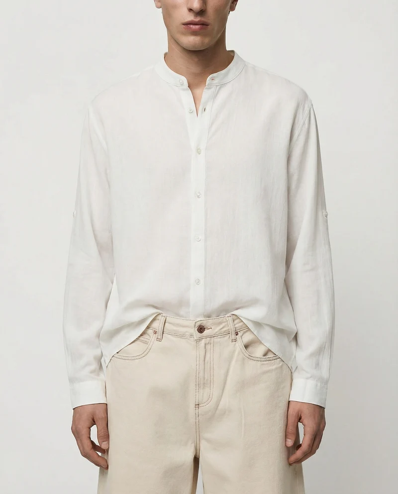Camicia coreana effetto crepe in cotone - Bianco