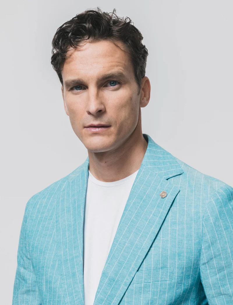 Blazer formal fit in linen blend a righe - Verde petrolio