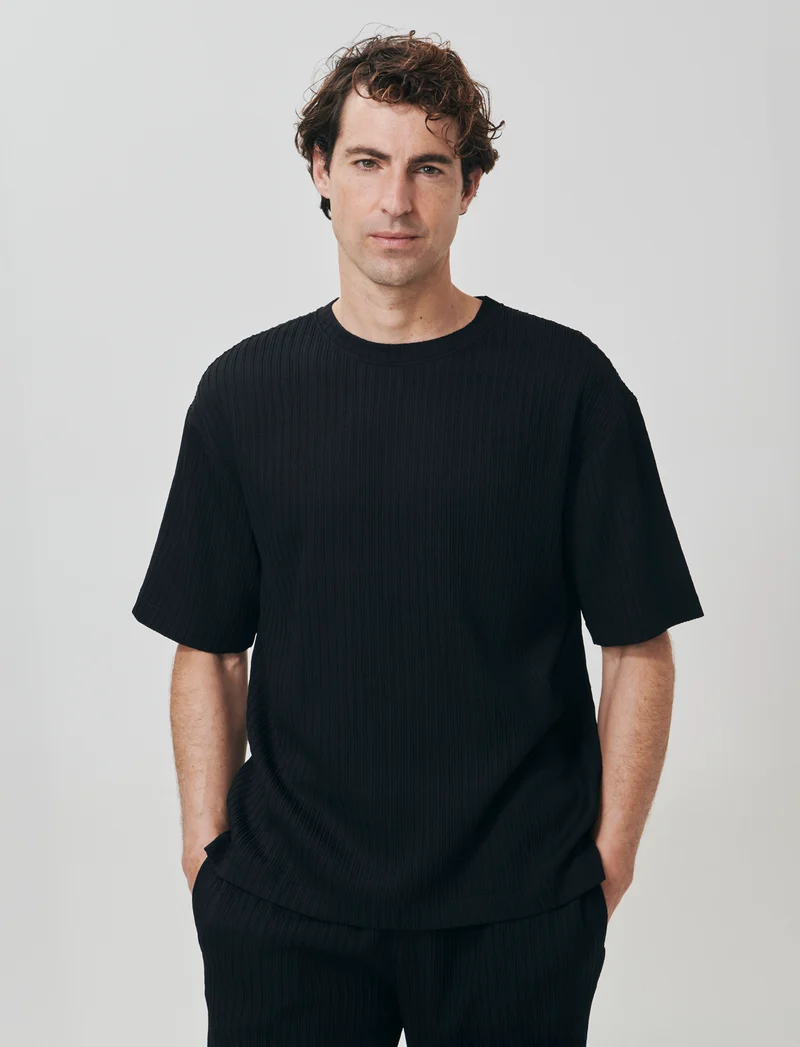 T-shirt jacquard relaxed fit plissettata - Nero