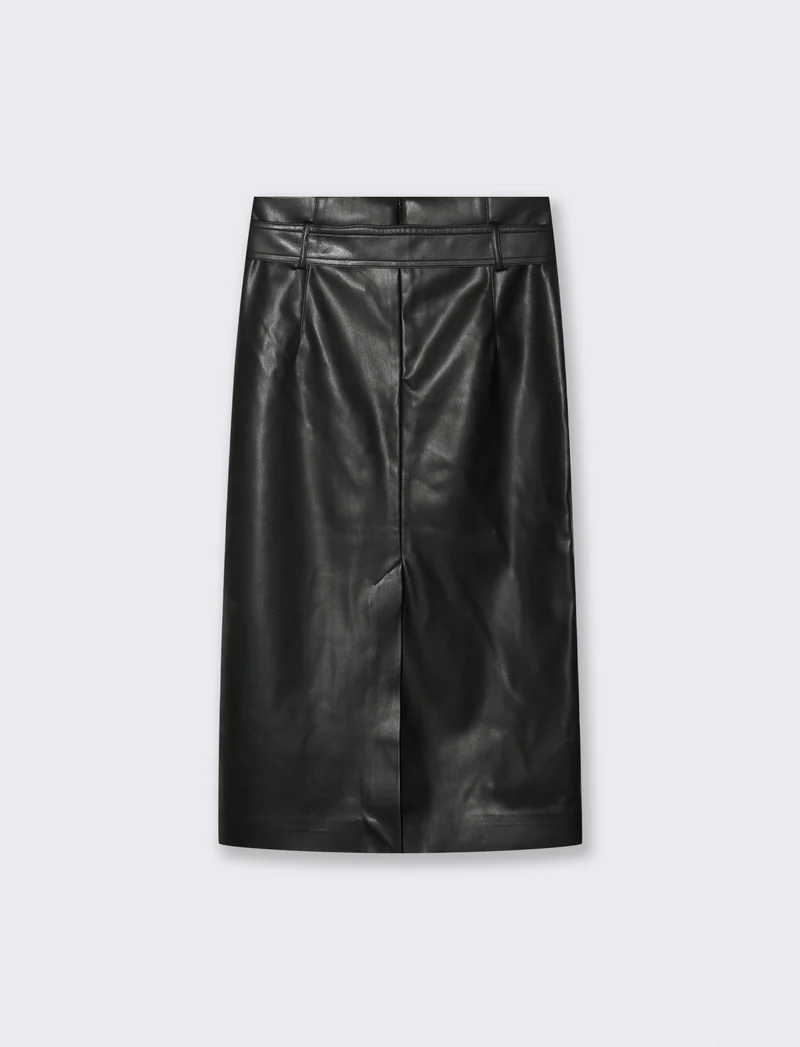 Gonna Longuette in Tessuto Effetto Pelle - Nero