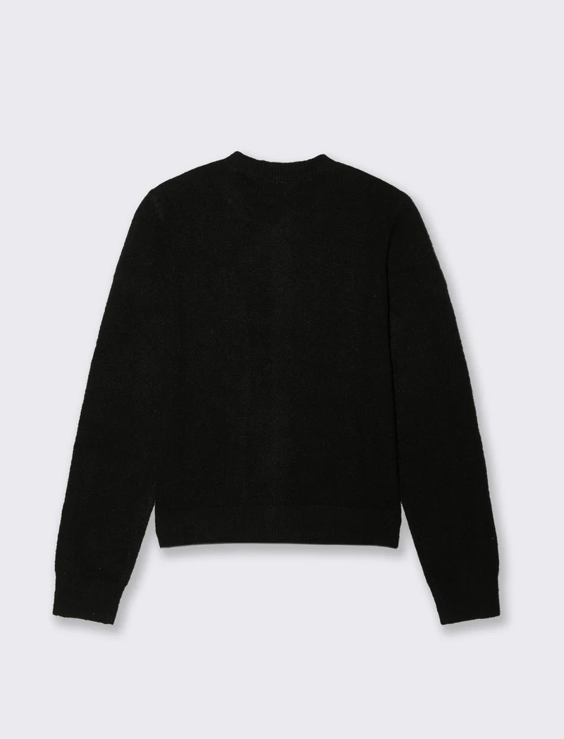 Cardigan Manica Lunga con Fiori e Bottoni - Nero