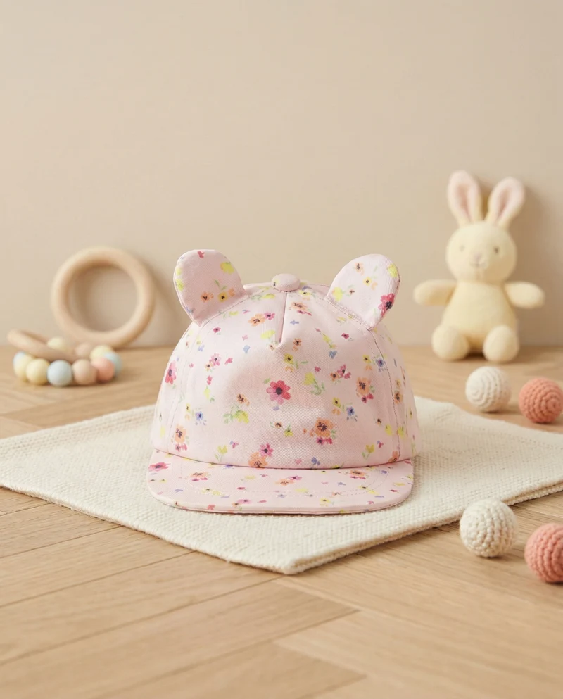 Cappellino con orecchie e fiori - Rosa