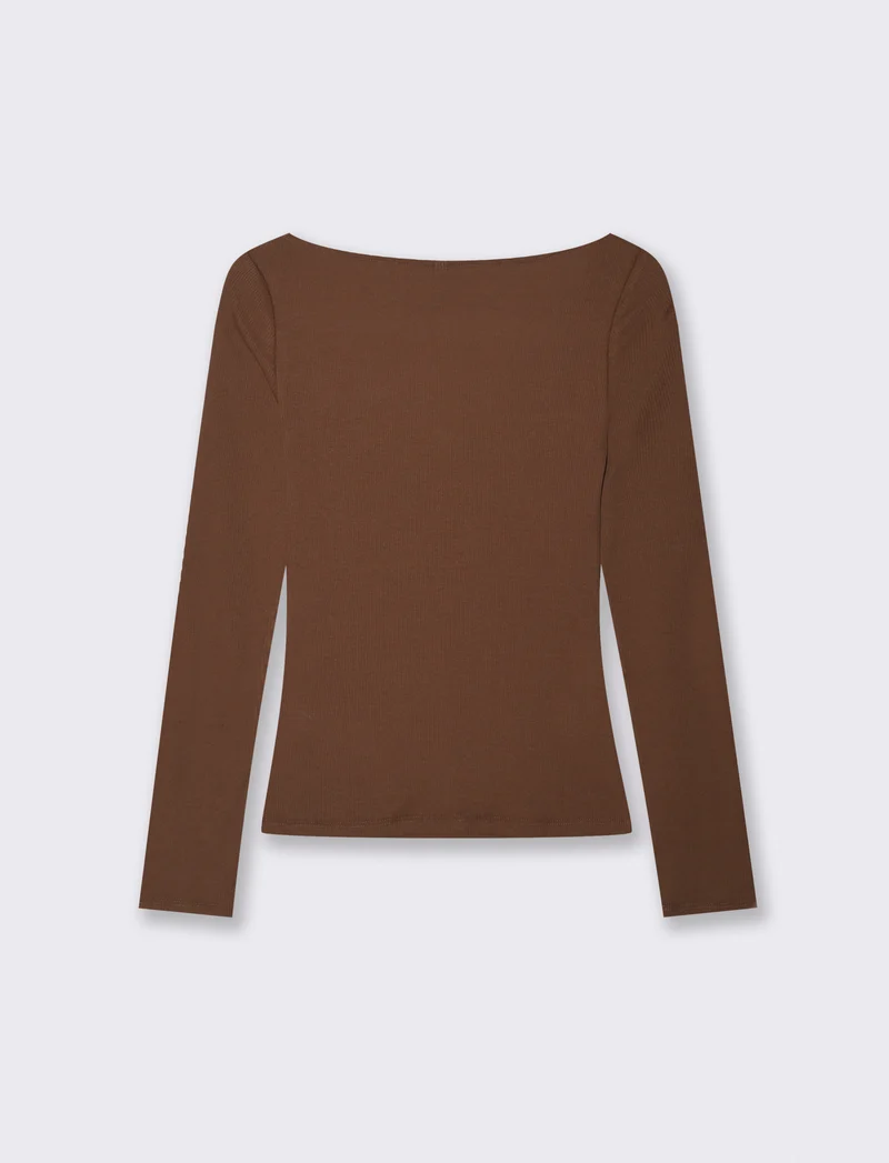 T-shirt con pizzo e scollo a V lungo - Marrone