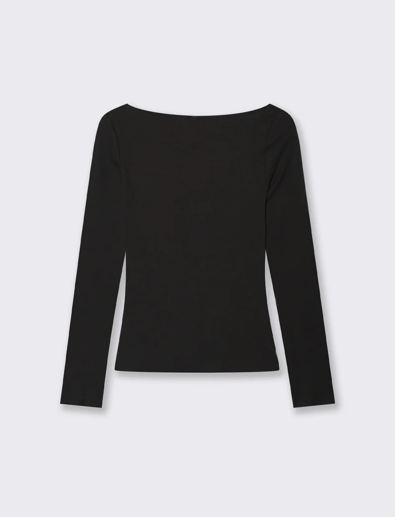 T-shirt con pizzo e scollo a V lungo - Nero