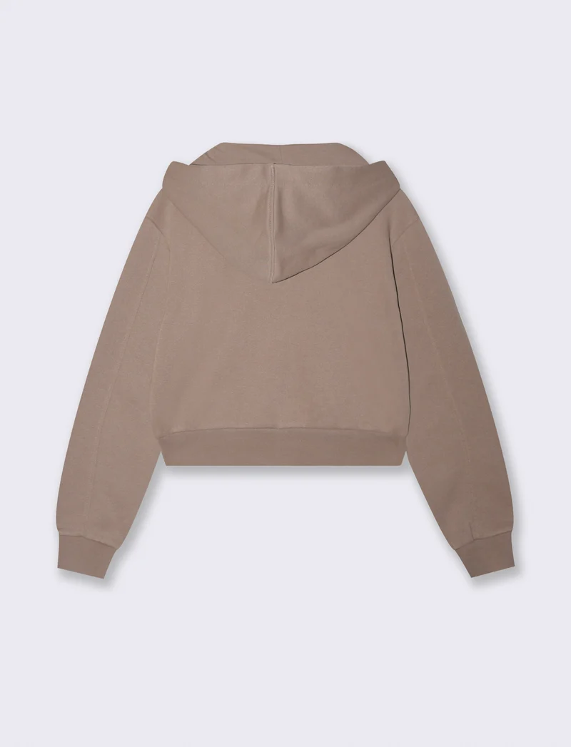 Felpa Crop con Cappuccio e Zip Frontale - Grigio tortora