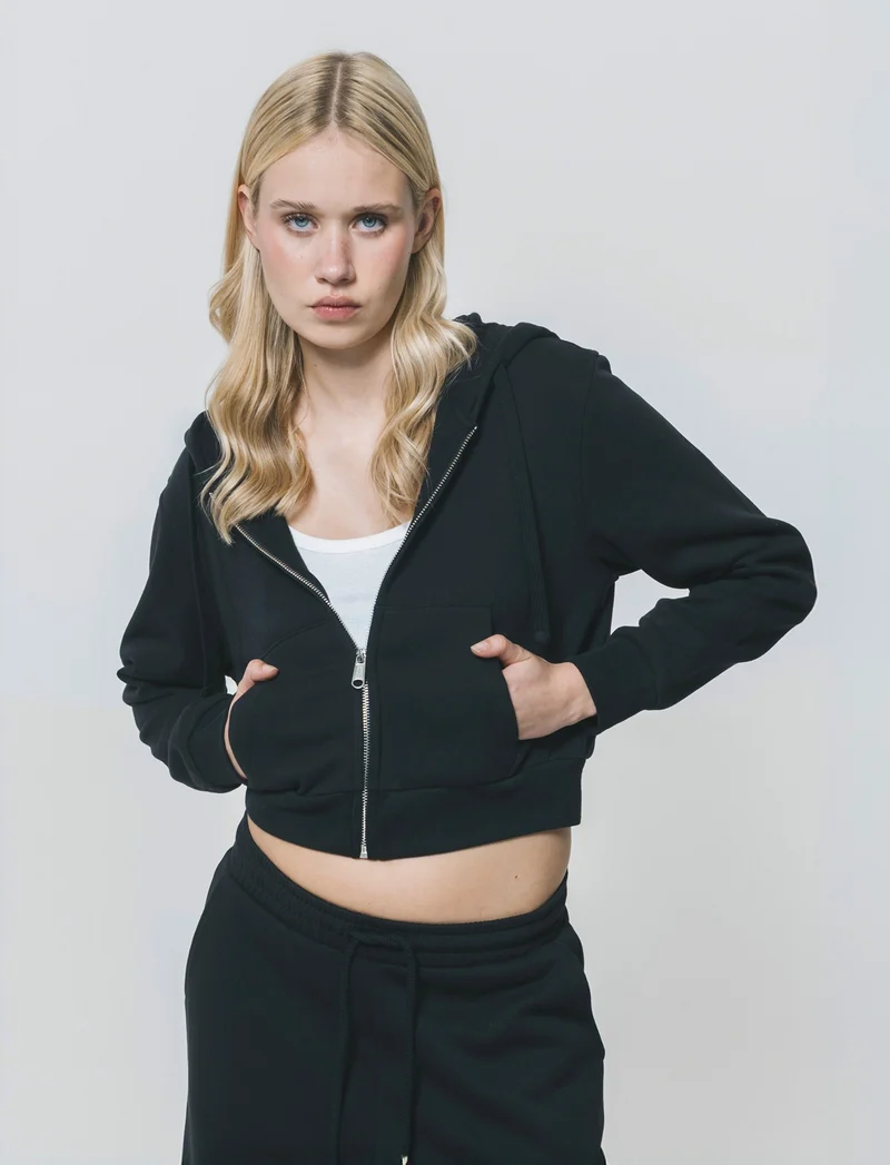 Felpa Crop con Cappuccio e Zip Frontale - Nero