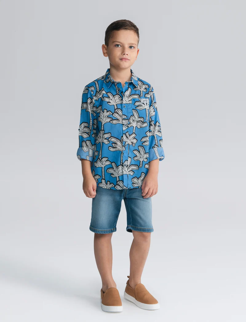 Camicia in cotone con fantasia casual - Blu oceano