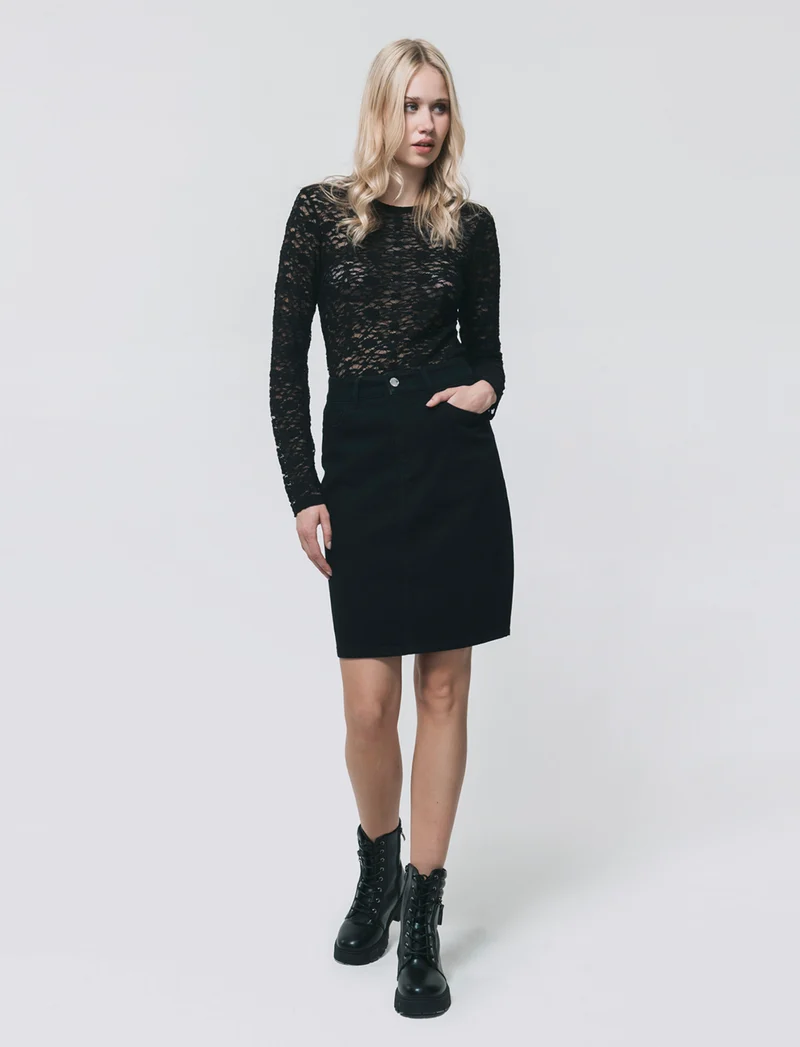Longuette Denim con Spacco e Chiusura - Nero