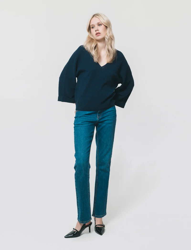 Pullover Manica a Kimono e Scollo V - Blu