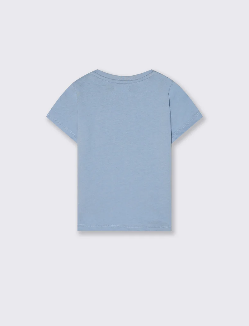T shirt girocollo con stampa e ricamo - Azzurro