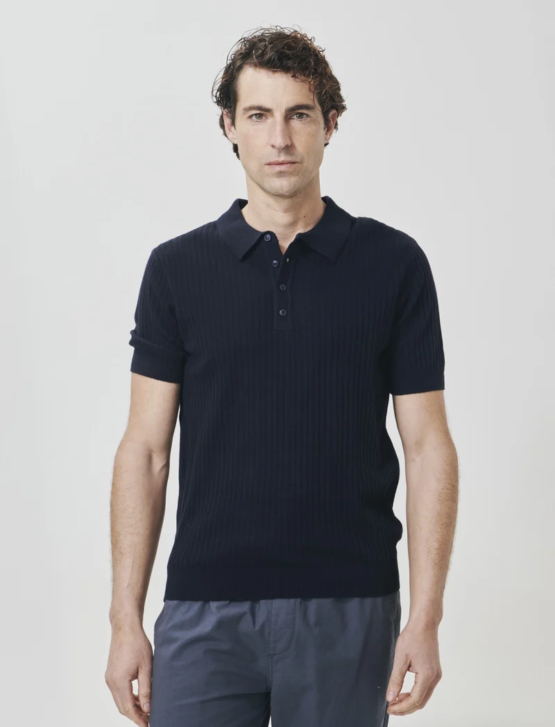 Polo in Maglia di Cotone a Coste - Blu