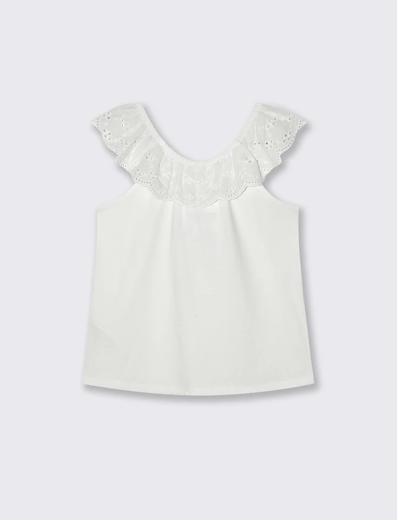Top in jersey con rouches ricamate - Bianco