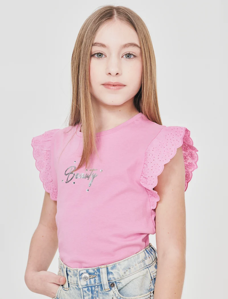 T-shirt estiva bambina con volant e strass - Rosa candy