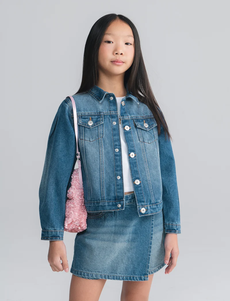 Giubbino jeans bambina manica a sbuffo - Denim chiaro