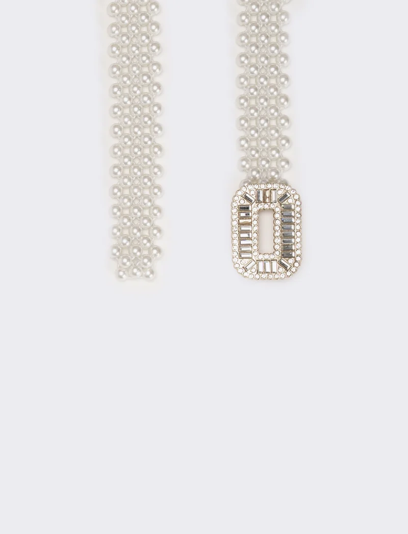 Cintura donna con perle e fibbia strass - Argento
