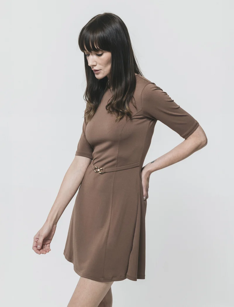 Vestito Manica Corta con Cintura - Marrone