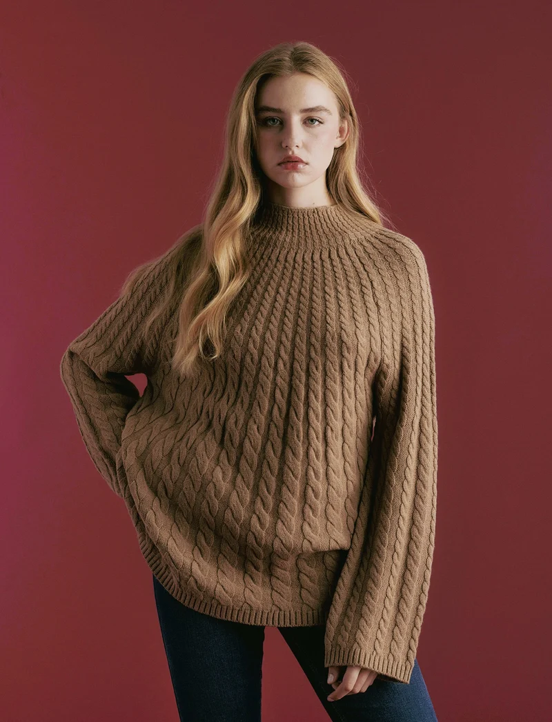 MAXIPULLOVER A TRECCE - Cammello