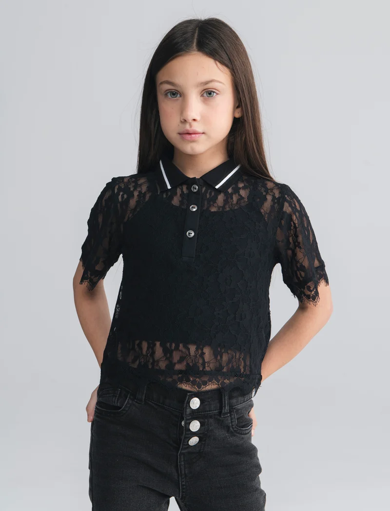 T-shirt polo doppio strato in pizzo - Nero