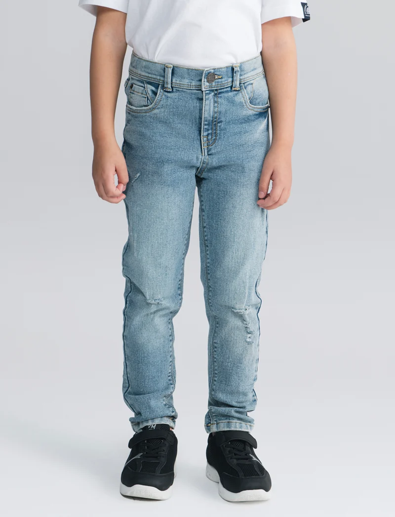 Jeans 5 tasche con rotture e vita elastica - Denim