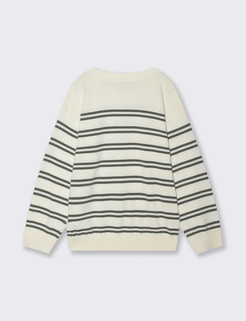 Maglia rigata girocollo in cotone comoda - Bianco latte
